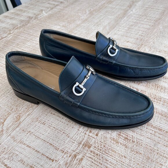 Salvatore Ferragamo Men's Dark Blue Leather Horse Bit Penny Loafer Size 10 1/2 D - Picture 4 of 13